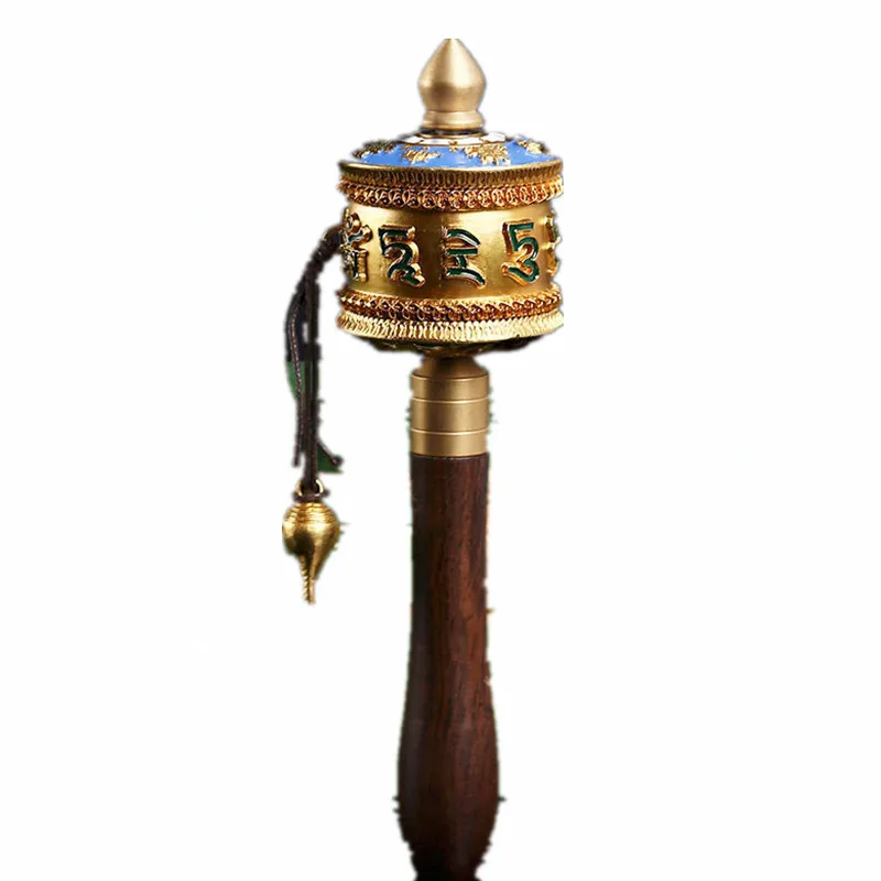 18.5cm Pure Copper Buddhist Tranic Suppliers Smooth Quiet Green Tara Scripture Hand Cranking Prayer Wheel Crafts