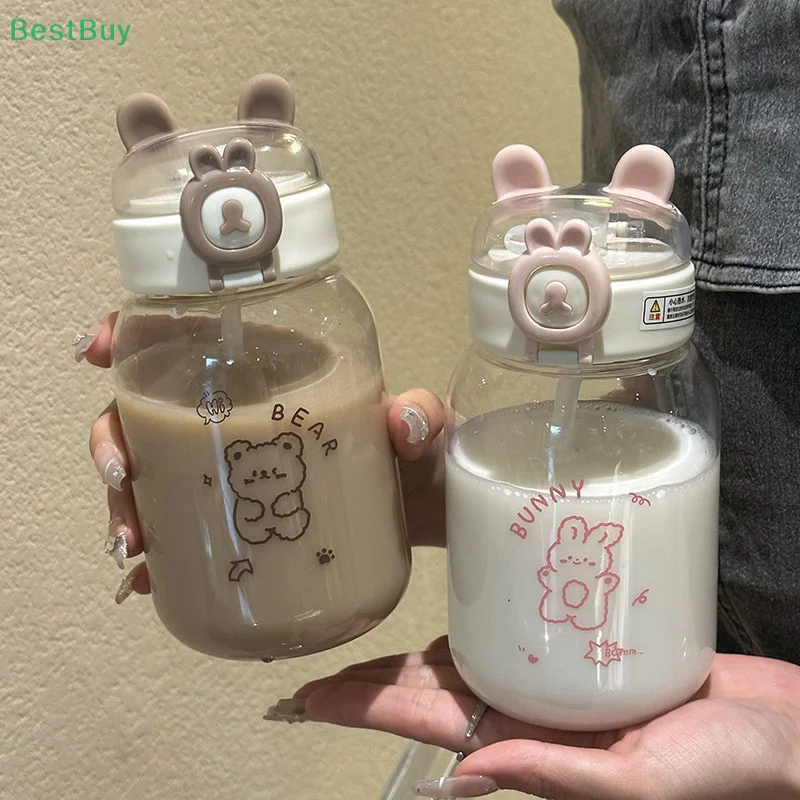 500ml Kawaii Rabbit Water Bottle Portable Cute Ear Shaped Drinking Cup With Straw And Lid Summer Drinkware For Outdoor Camping