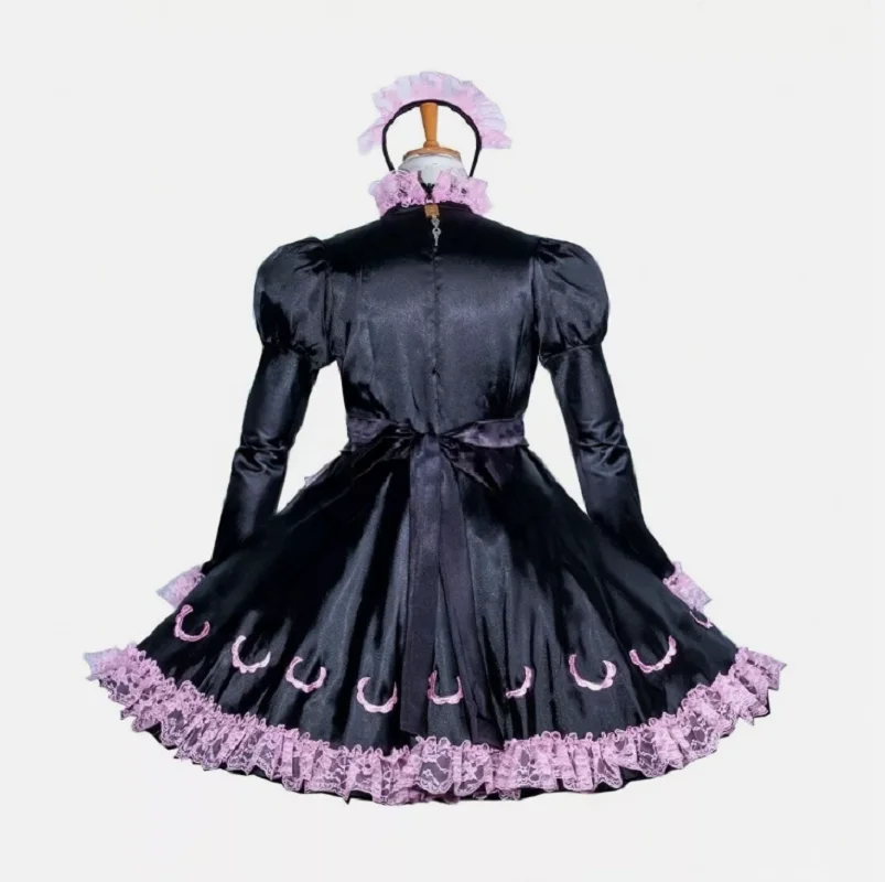 Maid Girl Sissy Lockable Black satin long sleeve Dress cosplay costume Tailored