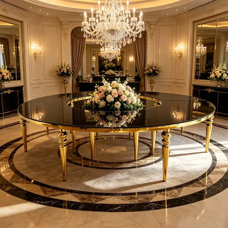 Gold Legs Round Wedding Table Black Glass Top Event Table for Banquet