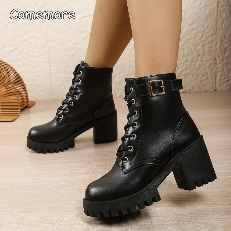

Женские модные ботильоны на массивном каблуке с пряжкой на ремне, черные ботильоны на платформе из искусственной кожи на высоком каблуке, женская осенне-зимняя обувь