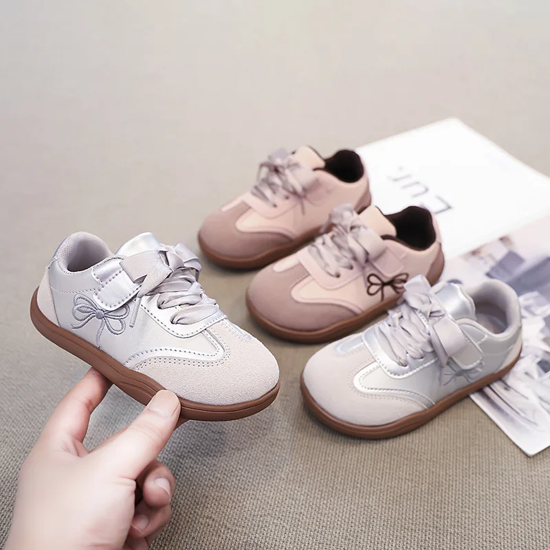 Spring Autumn Kids Bowknot Embroidered Skate Shoes Children Soft Sole Sneakers Girls Retro Training Sports Shoes Everyday Casual