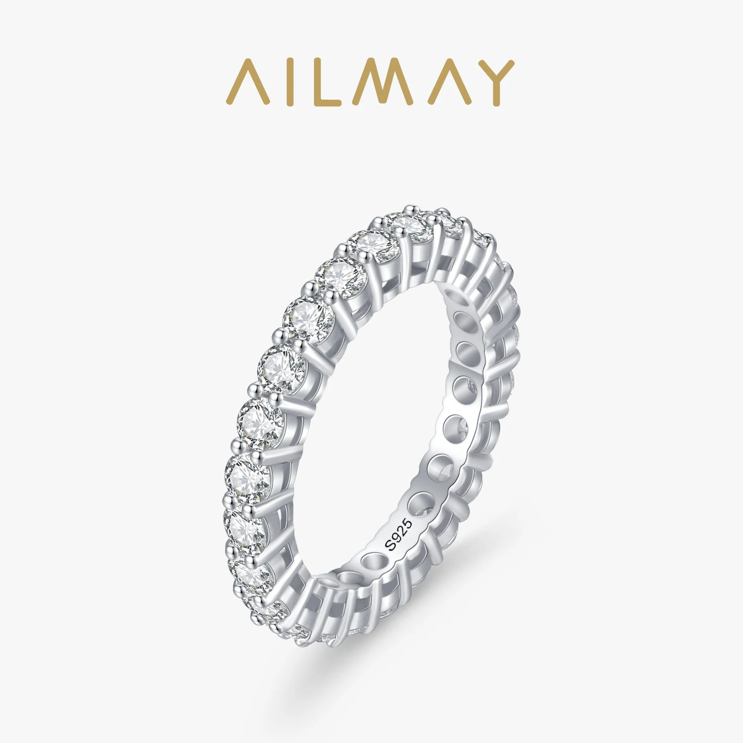 Ailmay 925 Sterling Silver Luxury Full Zircon Sparkling Stackable Setting Finger Ring For Women Wedding Engagement Fine Jewelry