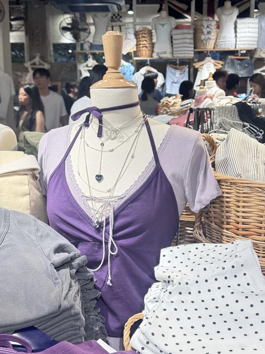 New Purple Halter Slim Crop Top Woman Sexy Cross V-neck Sleeveless Backless Camisole Summer Solid Simple Sweet Tank Tops Y2k