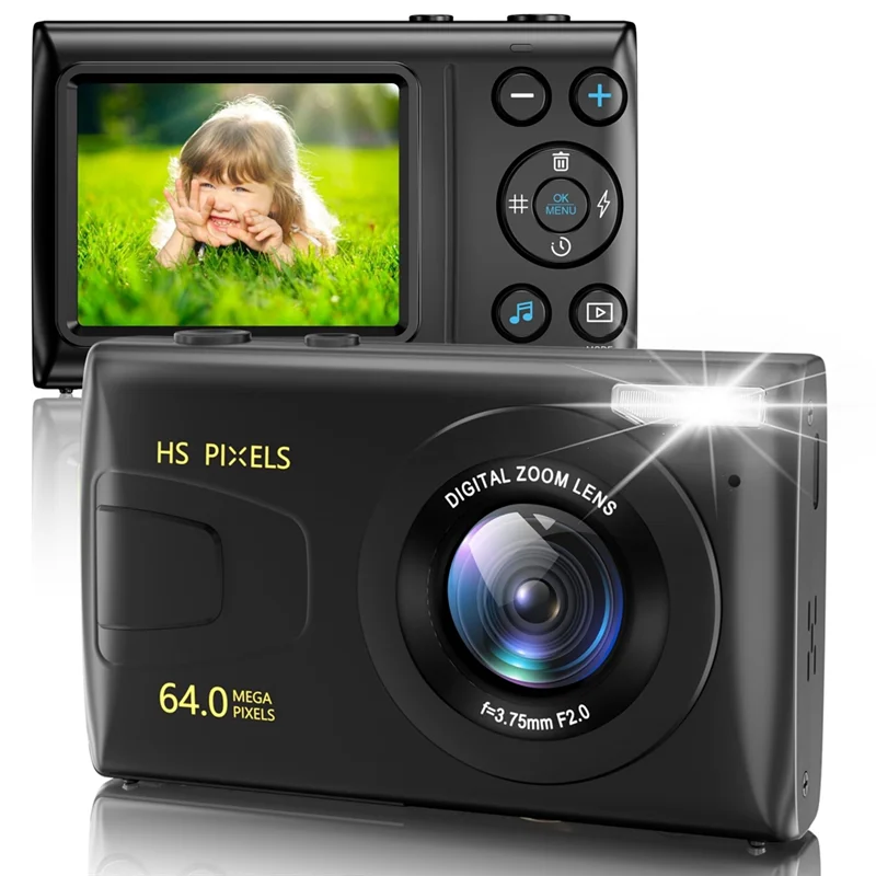 디지털 카메라, 사진용 4K 어린이 카메라, 64MP MP3 플레이어 카메라, 2.8인치 IPS 스크린, 자동 초점 간편한 설치(검은색)
