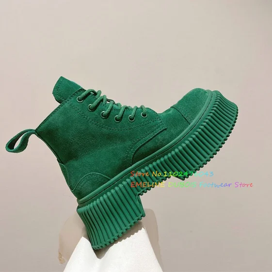 Cow Suede Thick Sole Ankle Boots Women Round Toe Platform High Heel Riding Comfort Lace Up Boots Autumn Casual Short Boot