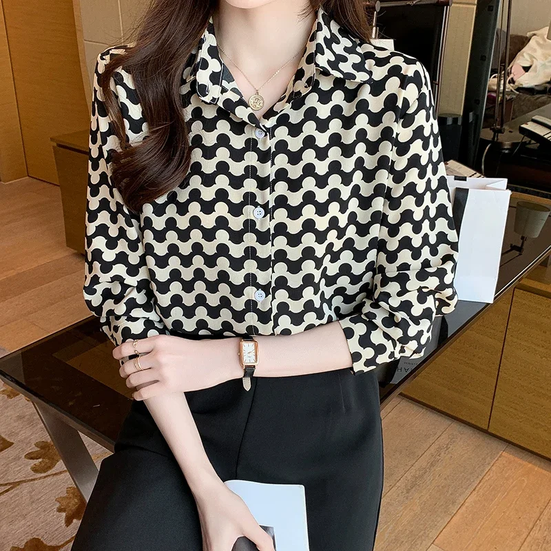 

New 2024 Chiffon summer Women's Blouse Casual fashion Advanced temperament Simplicity tops Stripe printing Long sleeved shirt