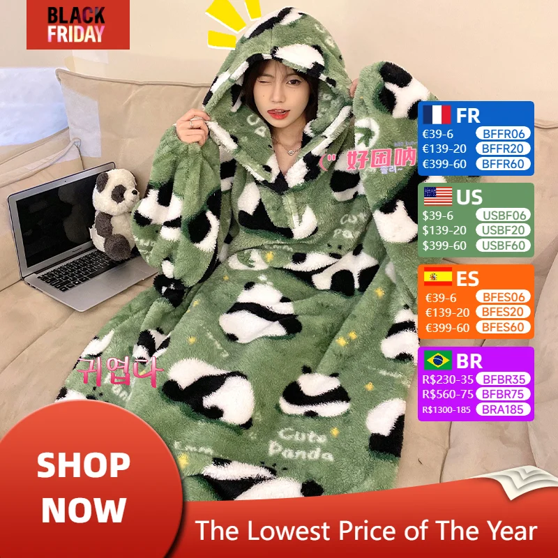 Winter Women's Robes Pajamas Cartoon Panda Print Coral Velvet Nightgown Thick Robe Ropa De Mujer Soft Warm Women Night Dress