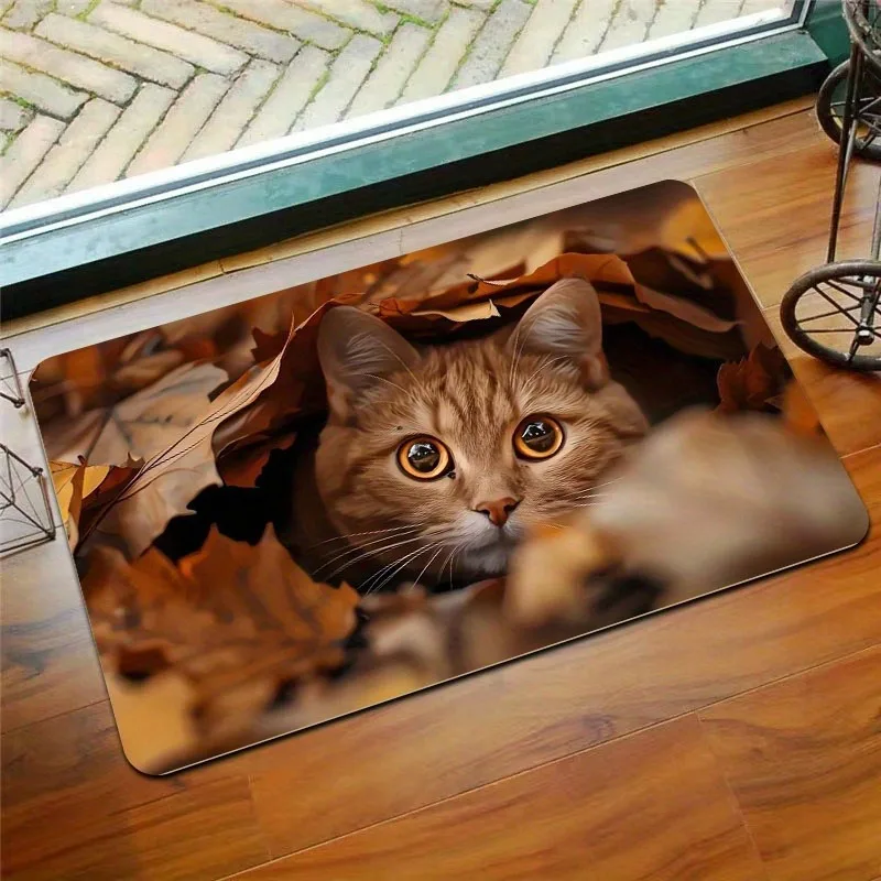 

1PC Playful Autumn Kitten Kitchen Rug Non-Slip Door Mat Pop design Bathroom Rug Bath Mat Carpet for Home Sink Laundry Decor