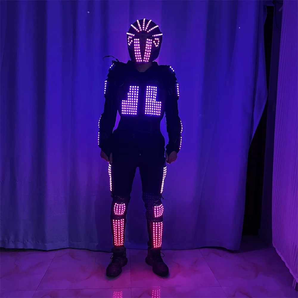 Magicool RGB Led Colorful Robot light Costumes suit Men wear luminous armor bodysuit glowing outfit Performance Show Helmets