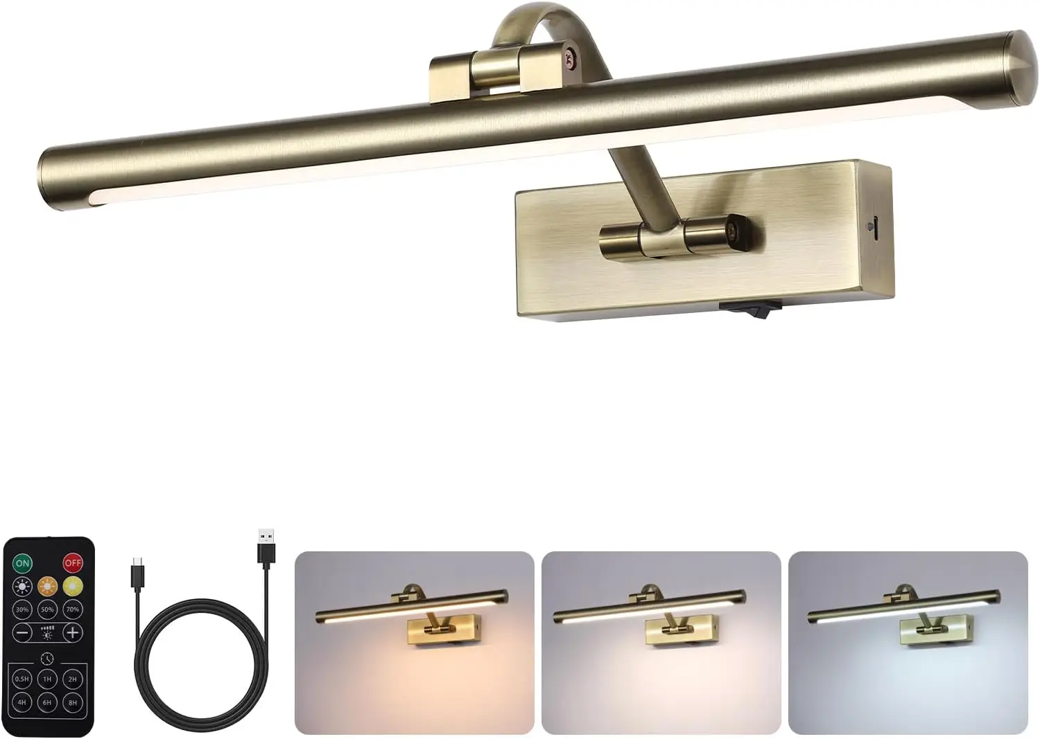 

Antique Bronze LED Wireless Picture Light, Rechargeable Battery Operated Art Light for Paintings, 3CCT Dimmable with Remote