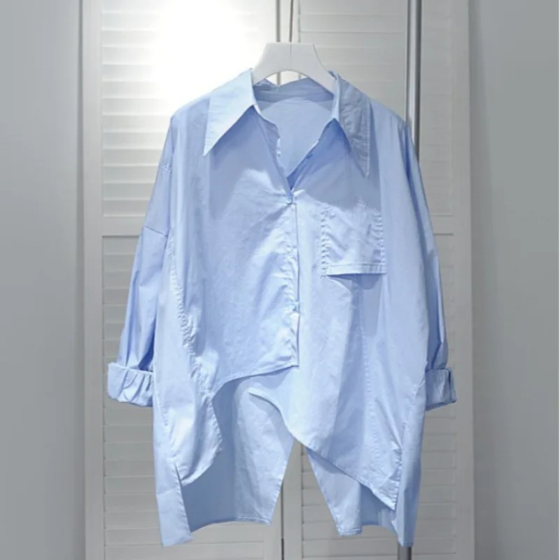 Spring And Autumn New Korean Style Thin Loose Long-Sleeve Irregular Shirt With Back Slit For Women
