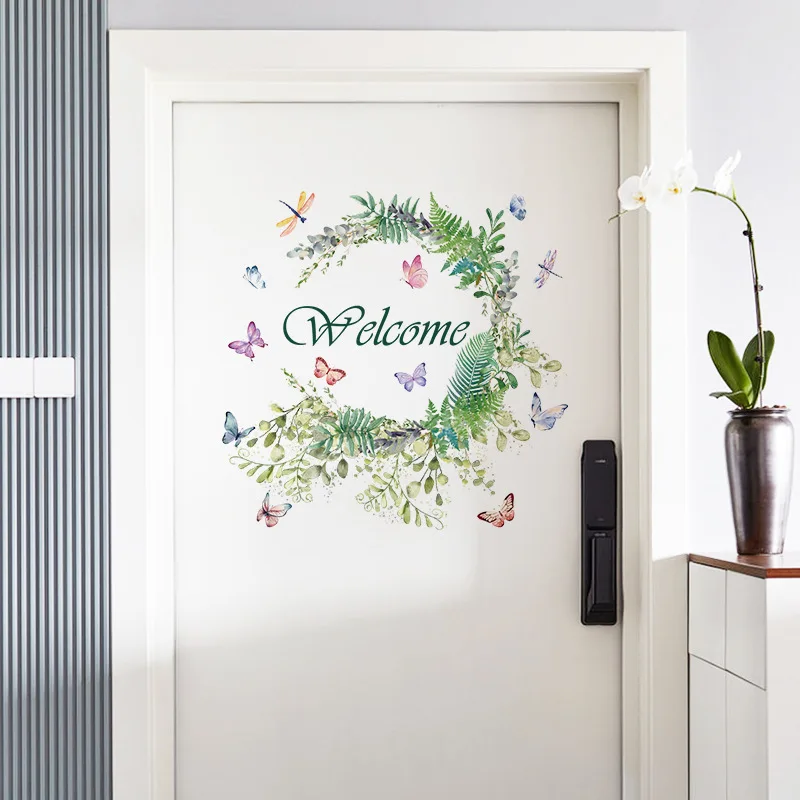 Welcome Door Sticker Green Leaf Butterfly Decal Removable Welcome for Entryway Decor Letters Decorations for Home Shop Glass