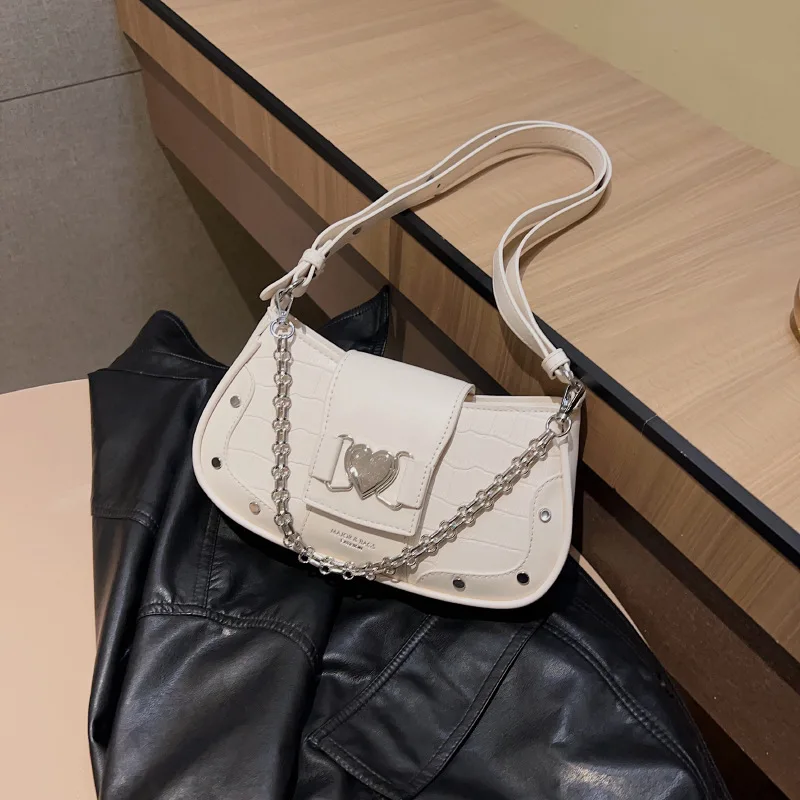 French Niche Chain Underarm Bag Women\'s Bag 2024 New Stone Pattern Small Square Fashionable Shoulder Baguette Bag
