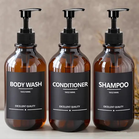 500ml 앰버 샴푸 샤워 젤 빈 병 비누 디스펜서 라벨 리필 가능 액체 용기 벽걸이 형 행거 랙