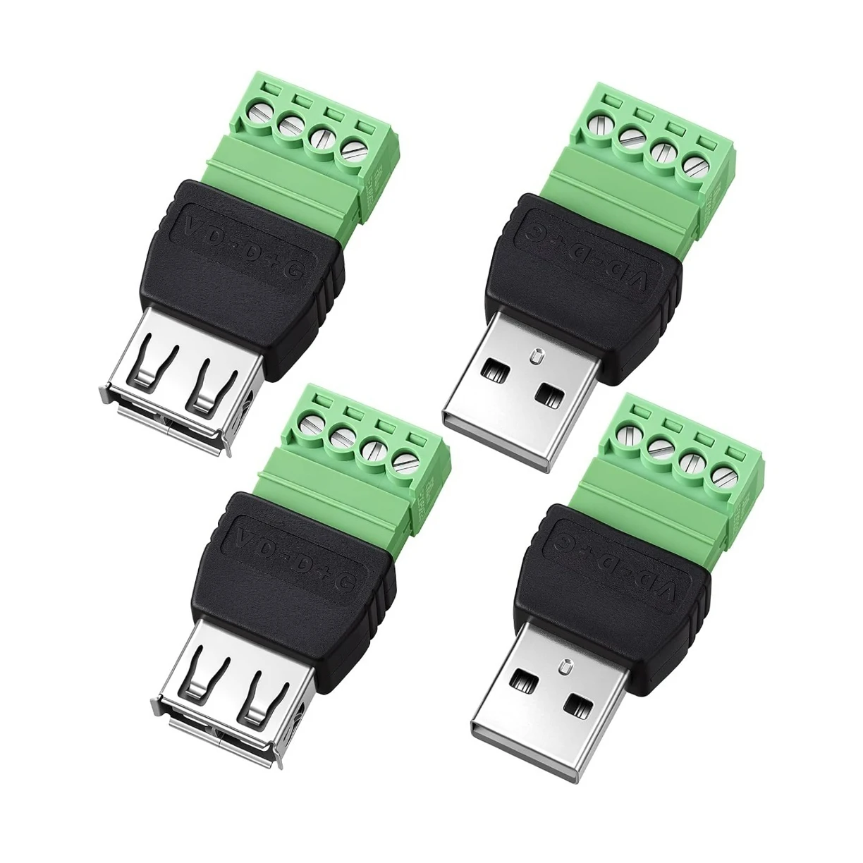4 Pin Screw Terminal Block to USB 2.0 Type A Male & Female Solderless Adapter, No Welding Connector for DIY Wiring