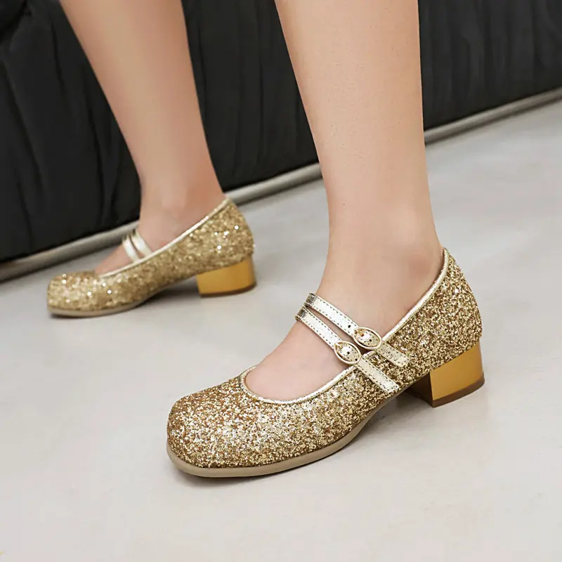 

ORCHA LISA Glitter Lolita Heeled Shoes Round Toe 3.5cm Chunky Heels with Strap Fastener Sweet Daily Footwear Big Sizes 40-42