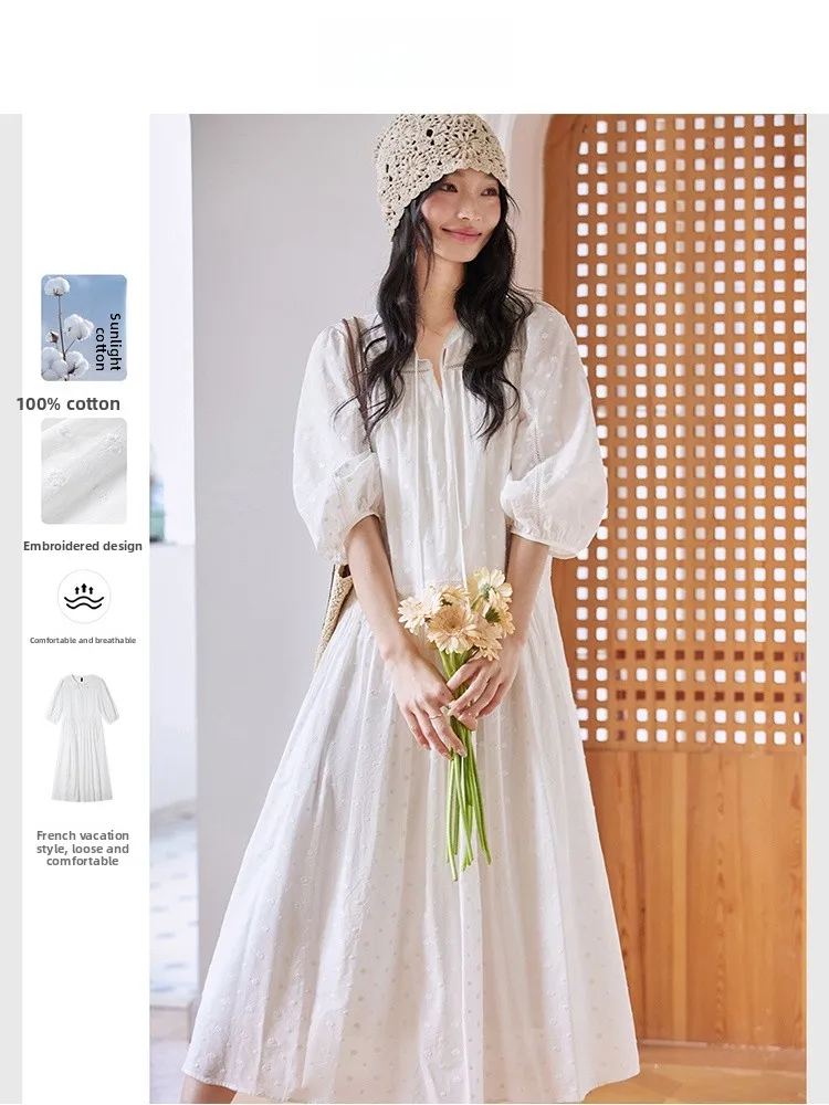 

Retro Bubble Sve Dr Summer New Arrival Hook Flower Waist Cinching Long Dr Casual Sle Cotton Material A-Line Skirt