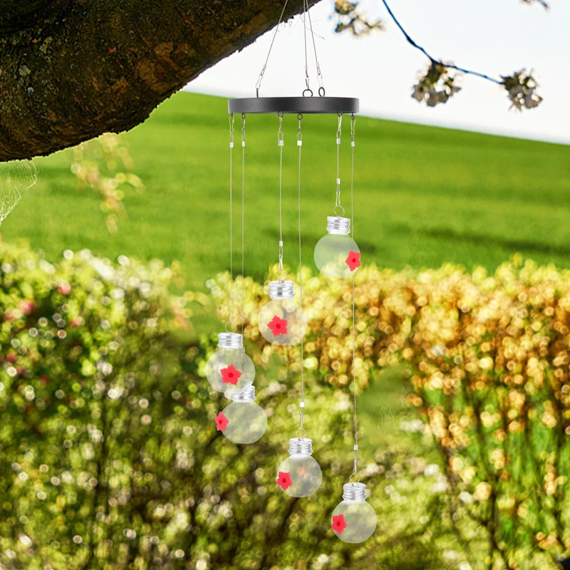 Light Bulb Wind Chimes Hummingbird Feeder for Outdoors Hanging, Unique Hand Blown Glass Humming Bird Feeder