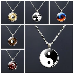 Yin Yang Taichi Symbols Silver Color Necklace Glass Cabochon Jewelry Yin Yang Accessories Pendant Men Women Gifts