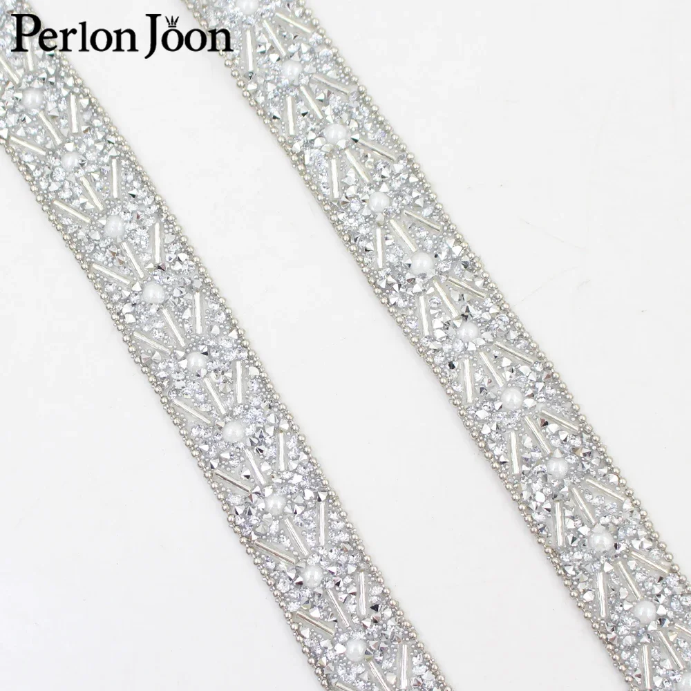 width 18mm silver pearl chain crystal hot fix rhinestone trim tape iron on webbing clothing bags shoes craft decoration TR167