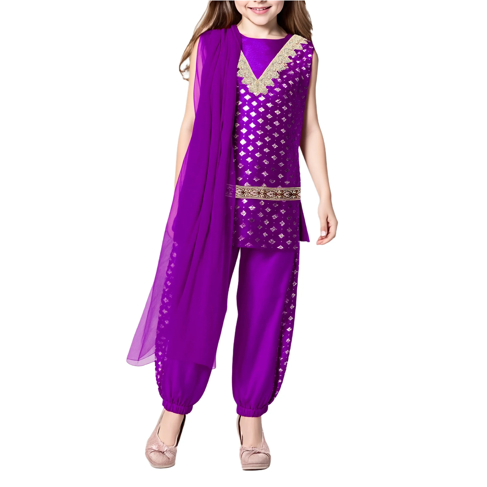 

Indian Ethnic Dress Up Costume Embroidered Metallic Floral Print Top Sleeveless Sides Slit Back Satin Scarf Bloomers Ethnic Set