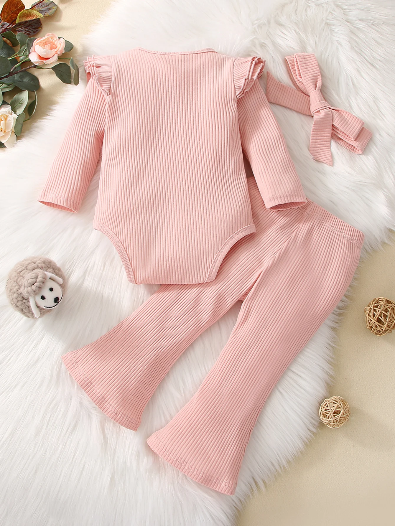 Cute and fashionable pit stripe three-layer flying sleeve jumpsuit with headwear and flared pants for baby girls set