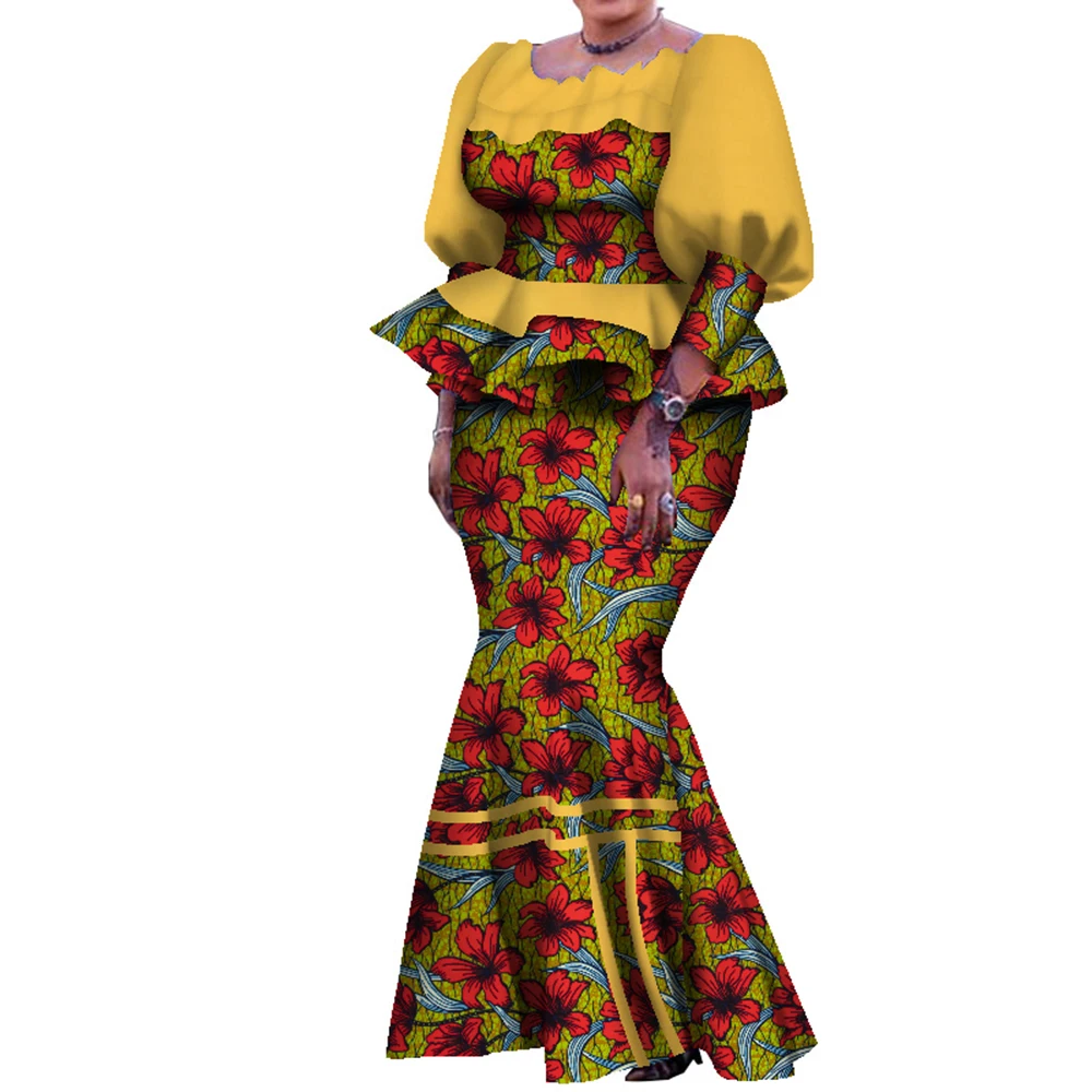 Traditional African Women Skirt Suit Pleated Top and Ankle Length Skirt Lovely Lady Plus Size Female Autumn Skirt Set WY7907