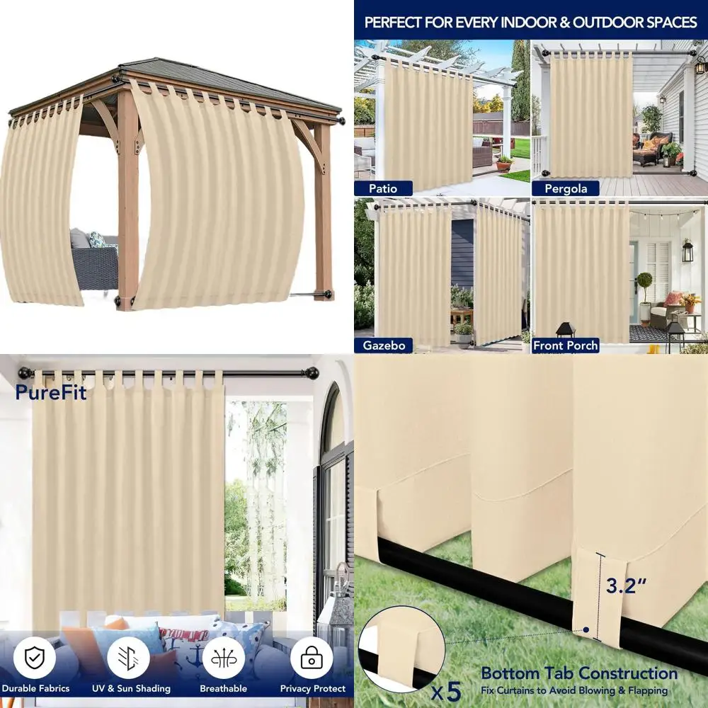 Rideaux d'extérieur résistants aux intempéries avec onglets détachables, résistants aux UV pour tonnelle, porche, Pergola, 110x84 Beige, paquet de 2