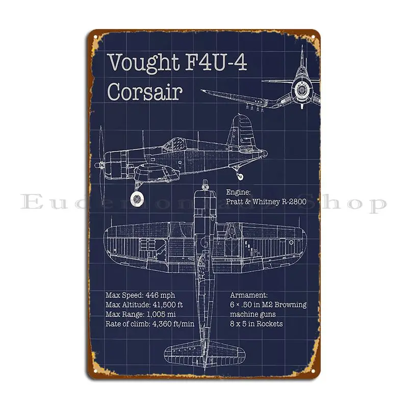 Vought F4u 4 Corsair Blueprint Metal Sign Garage Wall Cave Printed Club Personalized Tin Sign Poster