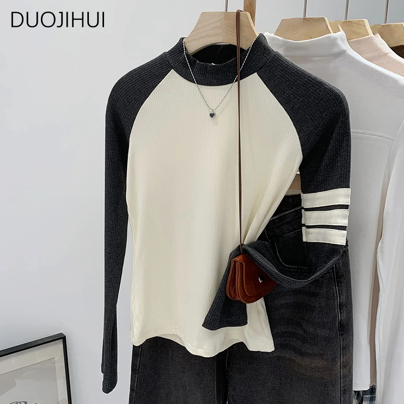 DUOJIHUI O-neck Spell Color Chic Striped Loose Female T-shirts Autumn Long Sleeve Simple Pullover Casual Fashion Women T-shirts