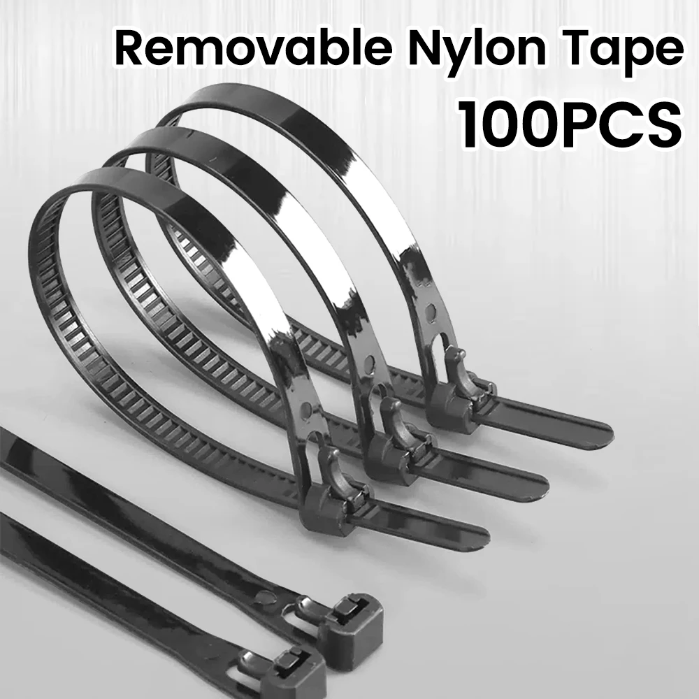 100PCS Detachable Nylon Strap 8mm Reusable Plastic Self-locking Strap Retractable Zipper Strap Fixed Strap Black 200/250/300/350