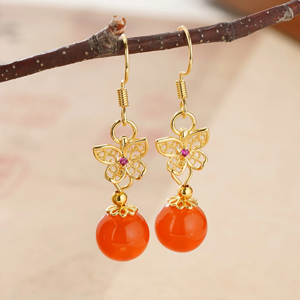 

PANJBJ 925 Sterling Silve Nanhong Agate Drop Earring for Women Golden Butterfly Hollow Out Ethnic Jewelry Gift Dropshipping