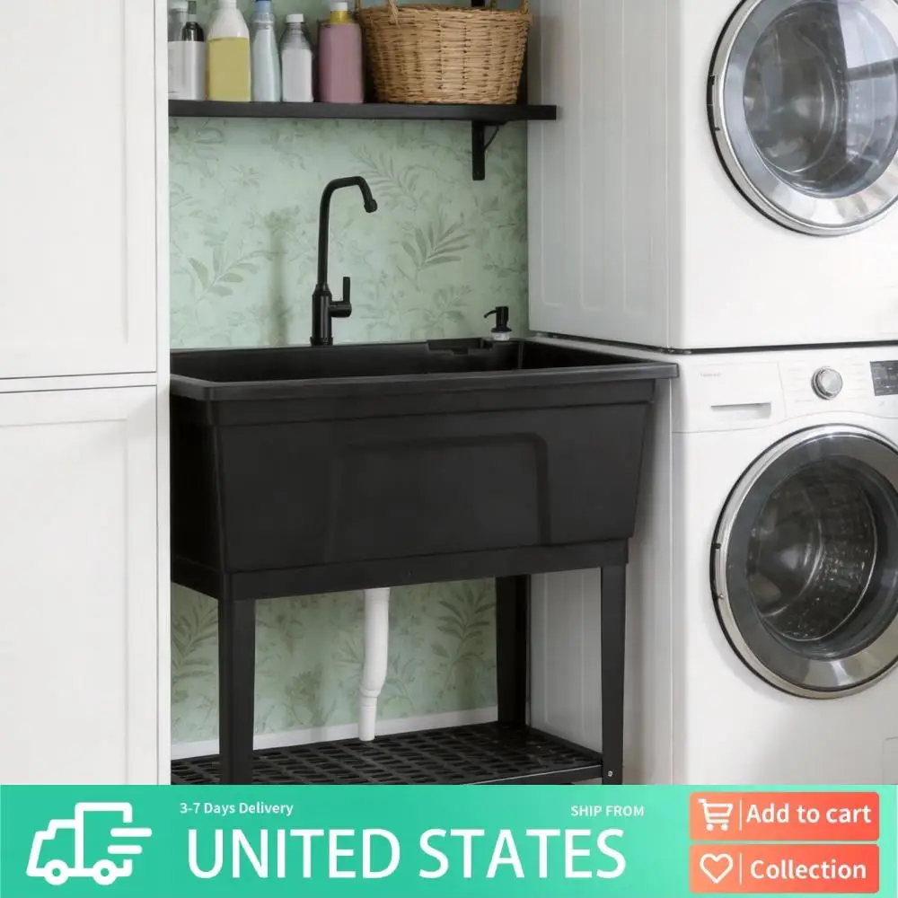 

Отдельностоящая пластиковая раковина для прачечной с краном из нержавеющей стали и дозатором для мыла, отдельностоящая раковина для гаража, подвала, сада