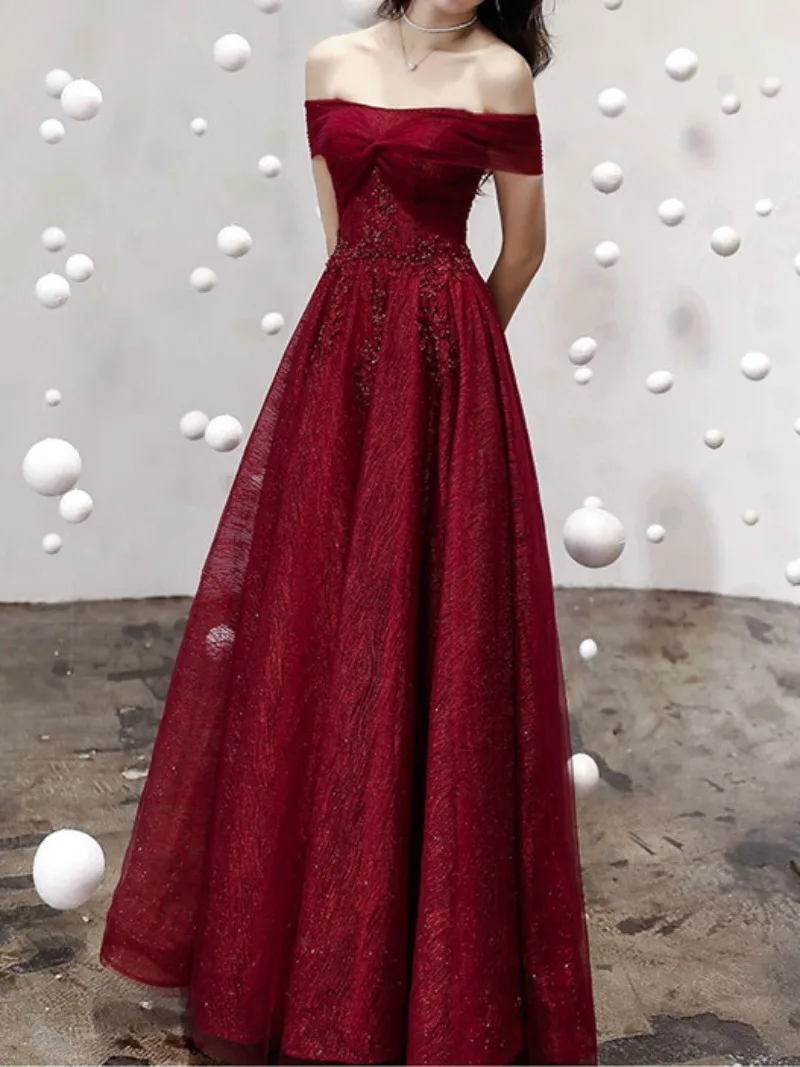 CustomizedTemperament Off Shoulder Burgundy Prom Dresses Women Appliques Shiny Long Cocktail Party Gowns Elegant Banquet Vestido