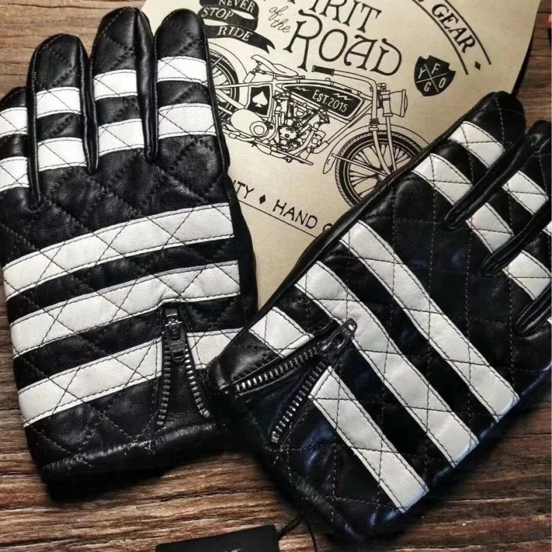 Men Genuine Sheepskin Motorcycle Gloves Black White Stripe Touch Screen Half Finger Anti‑Impact Wear‑Resistant Locomotive Glove