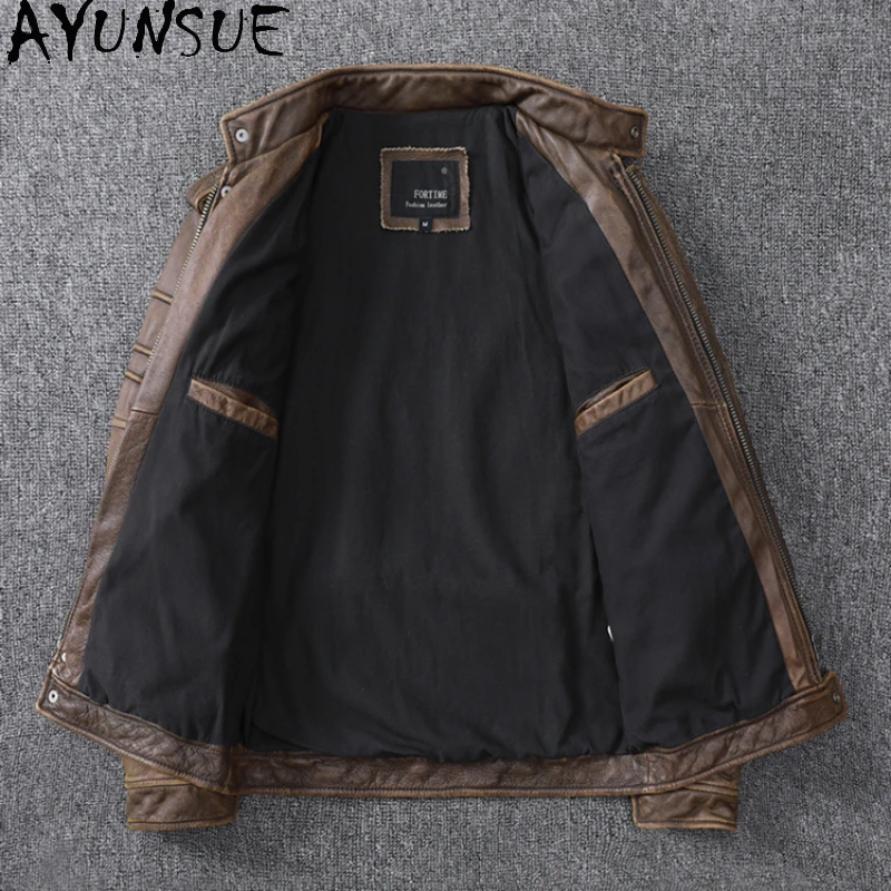 AYUNSUE Rétro Style Veste En Cuir Hommes Vêtements Court Moto Vestes En Cuir De Vache Automne CombSize S-5XL Veste Cuire zones me