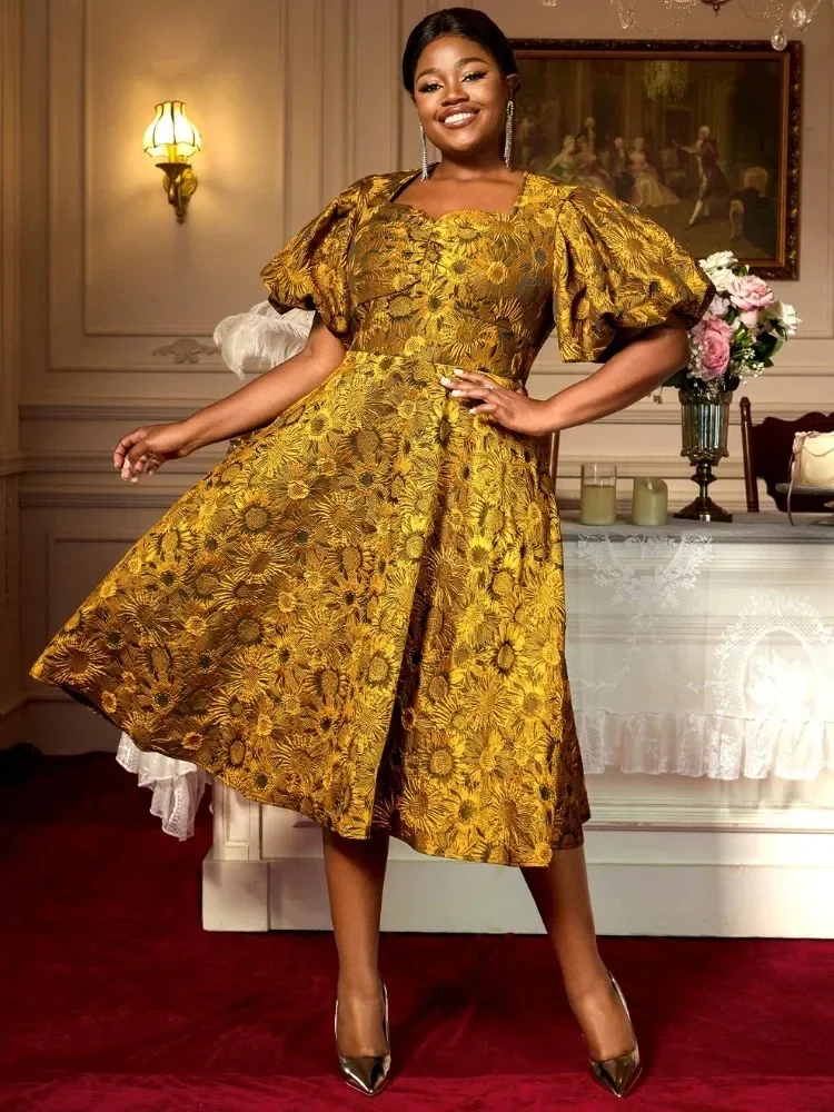 Floral Jacquard Plus Size Dress with Puff Sleeve and Sweetheart Neck Perfect for Weddings Dinner Party and Elegant Daytime Event