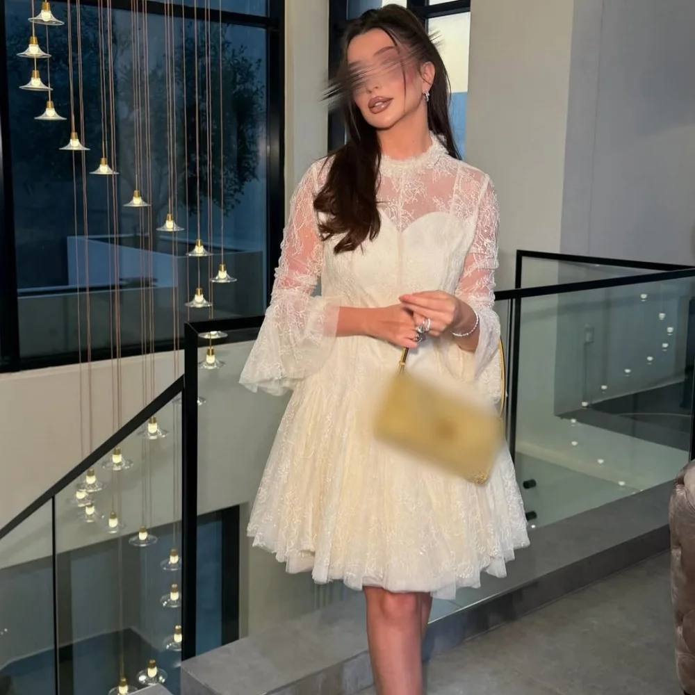 Customized Lace High Collar Wedding Party Dress for Banquet Long Sleeves A-line Short Dresses Formal Evening Gowns