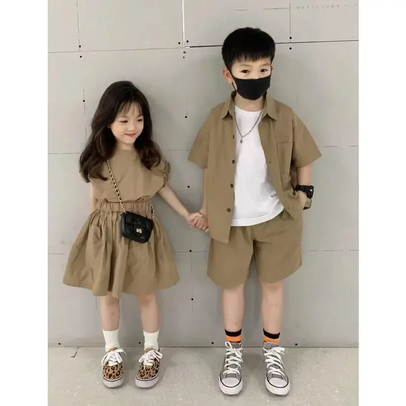 2022 Summer Kids Clothes Sets Brother Sister Matching Outfits Korean Children Clothing Suit Girls Blouse+Skirt Boys Shirt+Shorts