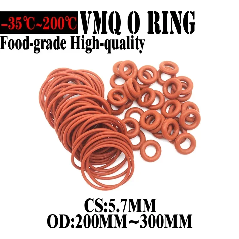 VMQ O Ring Seal Gasket Thickness CS 5.7mm OD 200~300mm Silicone Rubber Insulated Waterproof Washer Round Shape Nontoxic Red