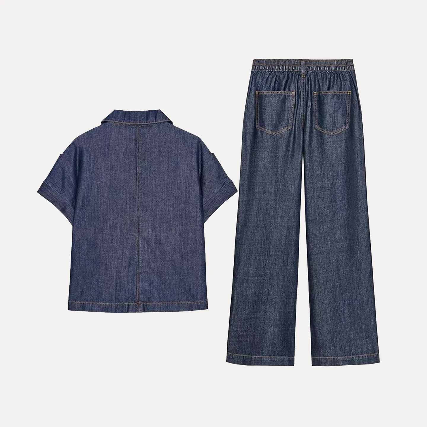 طقم قميص جينز وبنطلون جينز للنساء بأكمام قصيرة وأزرار، مصنوع من ألياف البوليستر، مناسب لجميع الفصول، مريح وعصري #2