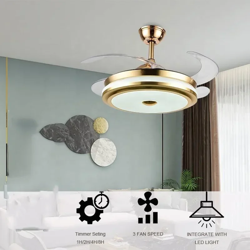 42 Inch Modern Smart home appliance 220v 240v led retractable blades ceiling fan light Remote Control LED ceiling fan chandelier