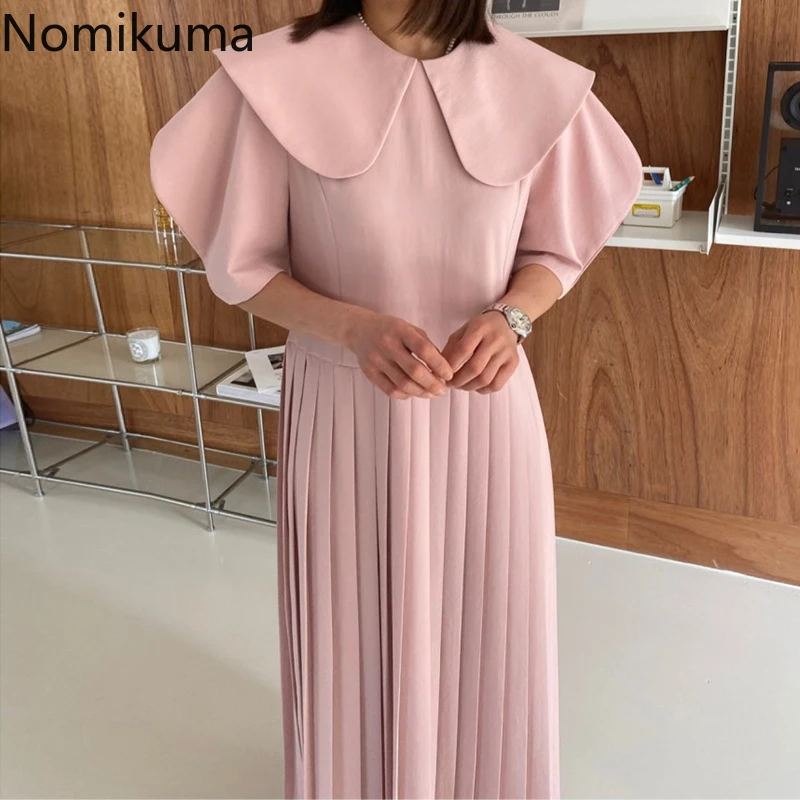 Nomikuma Korean Peter Pan Collar Puff Sleeve Dresses Causal High Waist A-line Pleated Vestidos 2023 Summer Chic  6J256