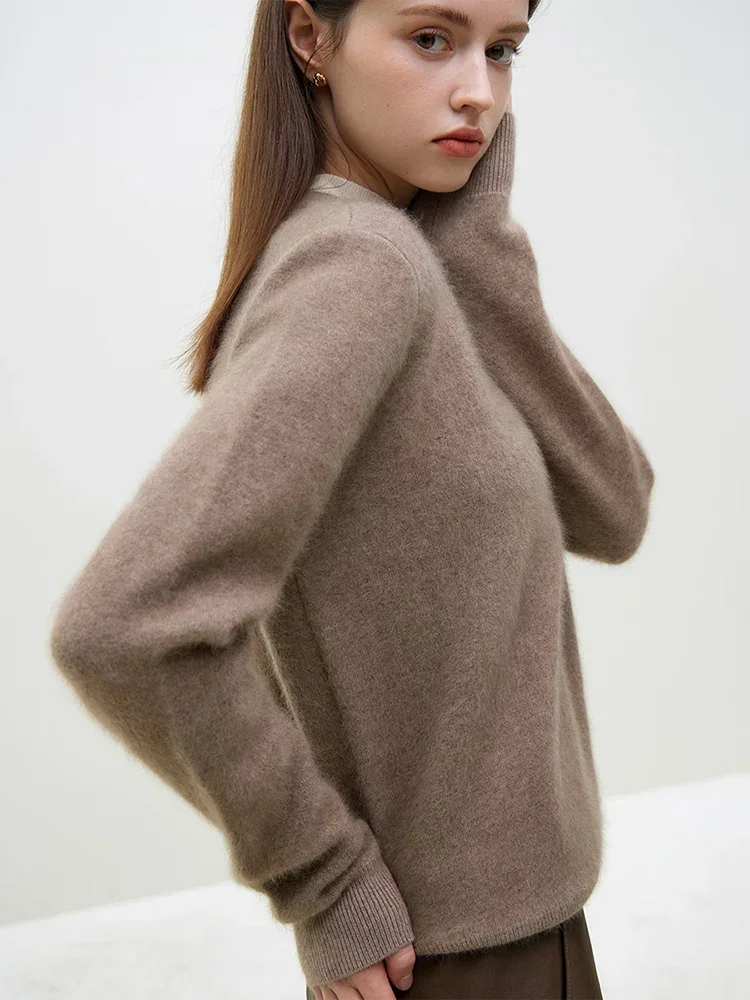 FSLE 9.5% Wool Women Warm Velvety Pullover Knitted Sweater Tea Brown Temperament Round Neck Winter Women Short Sweaters