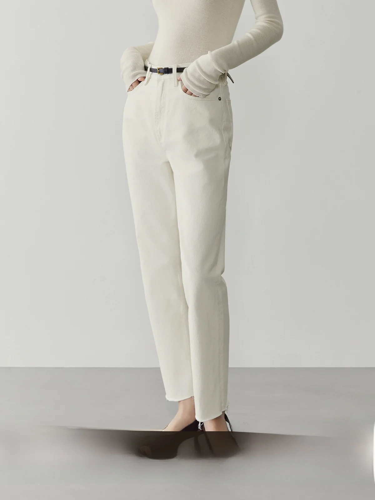 

MSBEAST Sli Хлопковые классические прямые облегающие джинсы с высокой талией и потертым подолом Джинсовые брюки с девятью точками Женские джинсы с высокой талией