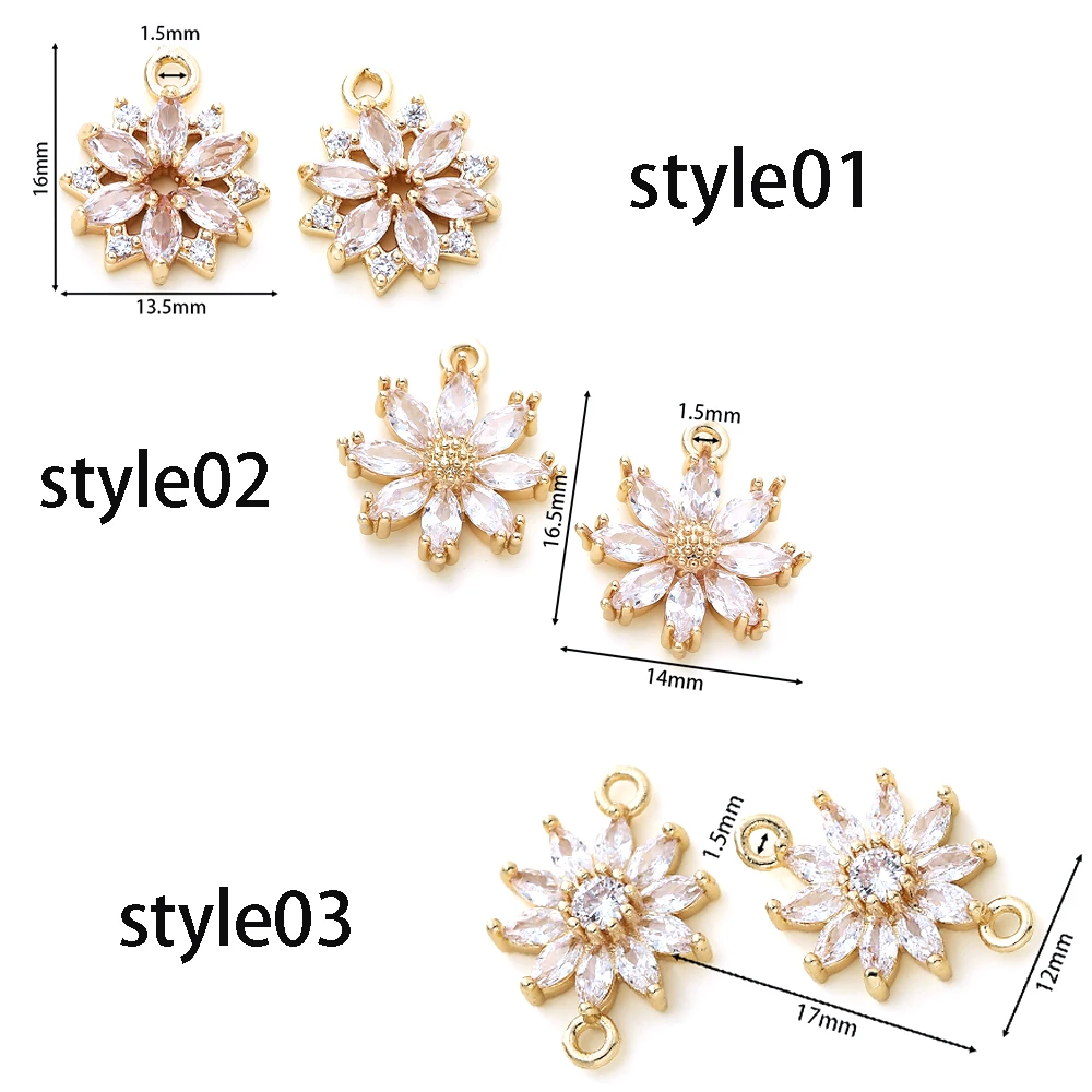 4/6Pcs 18K Gold Color Plated Brass Zircon Flower Shape Pendants for DIY Women Jewelry Making Necklace Earrings Accessories