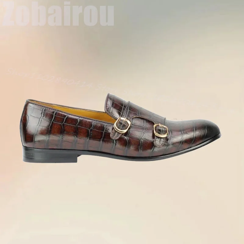 

Brown Crocodile Print Buckle Decor Double Monk Loafers Fashion Slip On Men Shoes Luxury Handmade Party Banquet Men Casual Shoes
