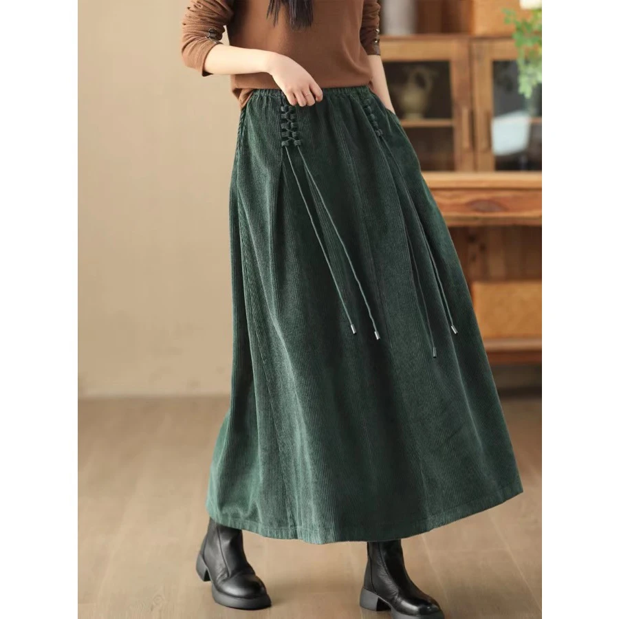 Plus Size Retro Solid Corduroy A Word Skirt Plus size women clothing Autumn and Winter Lace-up Design High Waist Long Big Hem...