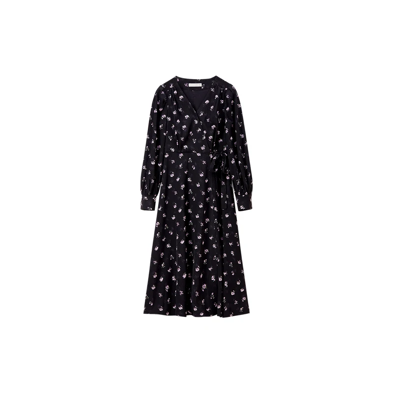 SENTUBILA noir robes à fleurs 2025 femme manches bouffantes robe mi-longue automne nouveau col en v élégant mince vacances vêtements longs 153LO3121